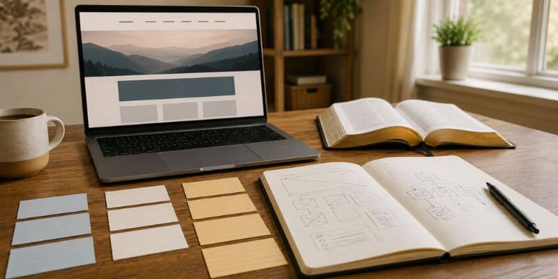 choosing blog categories untangled with laptop, index cards, and bible