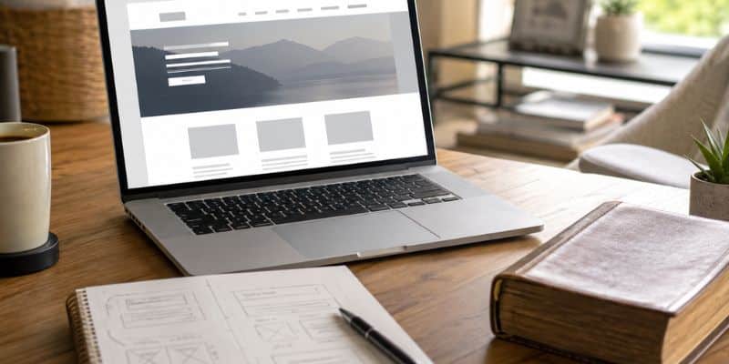 laptop, bible, and notebook for planning a christian website