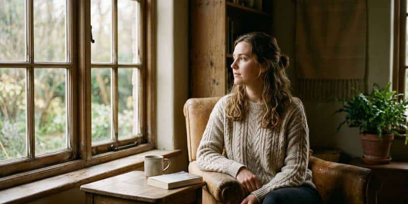 Christian female sitting beside a window and thinking about how to start a christian website