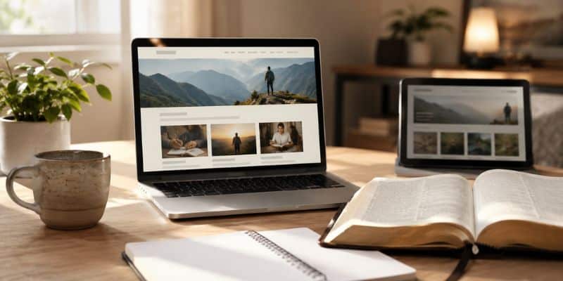 laptop, bible, coffee cup, and writing material on desk